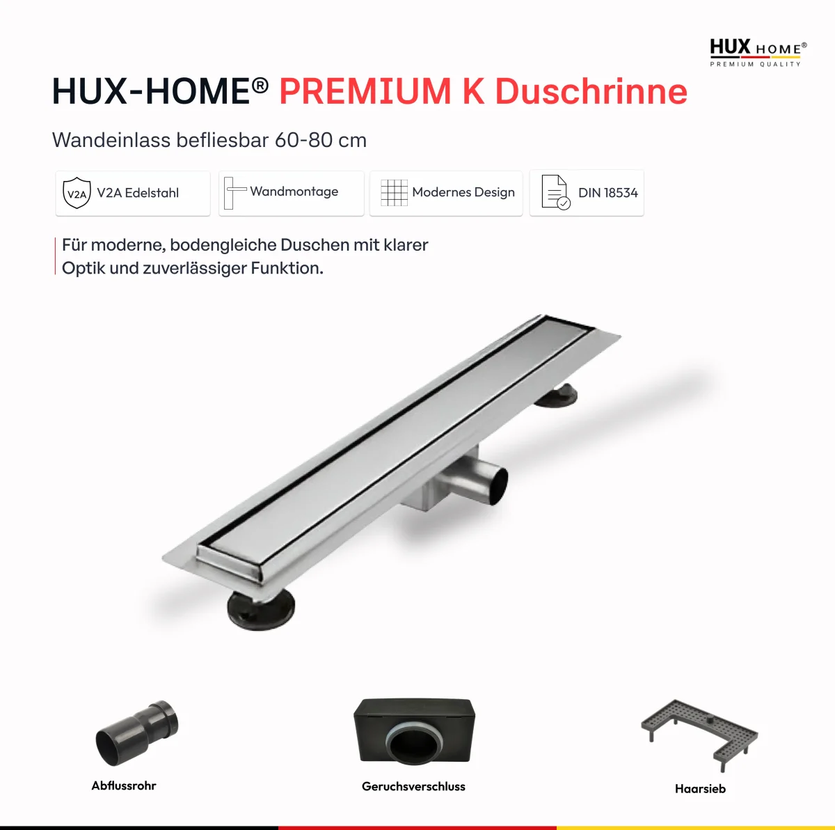 HUX-HOME® PREMIUM K Duschrinne befliesbar 60-80cm aus Edelstahl nach DIN18534 Wandmontage – Bild 4