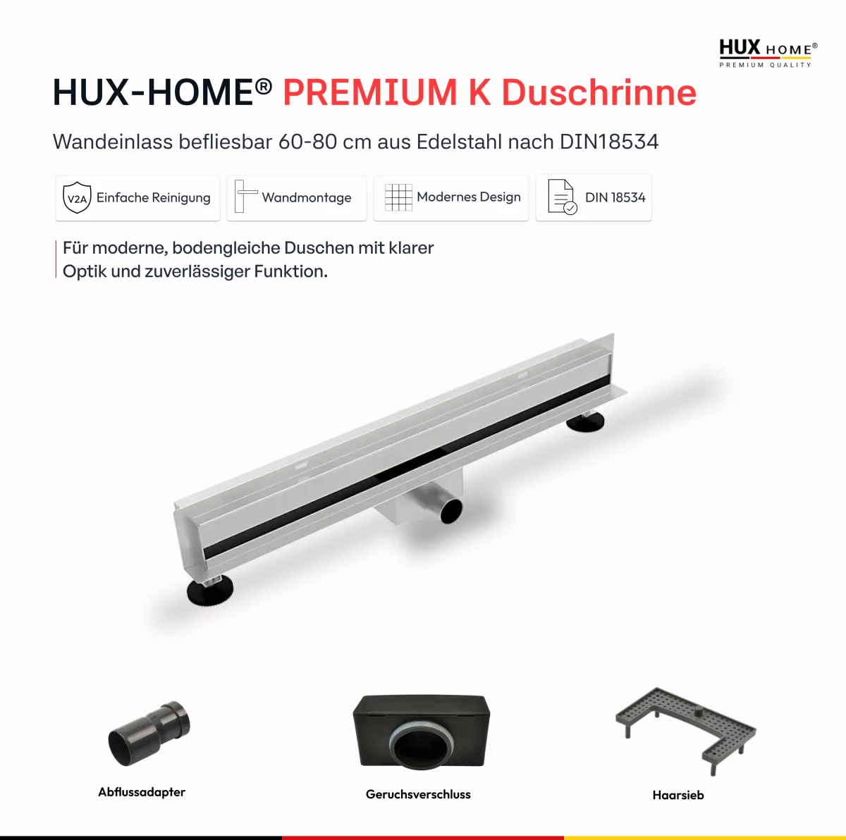HUX-HOME® PREMIUM K Duschrinne befliesbar 60-80cm aus Edelstahl nach DIN18534 Wandmontage – Bild 6