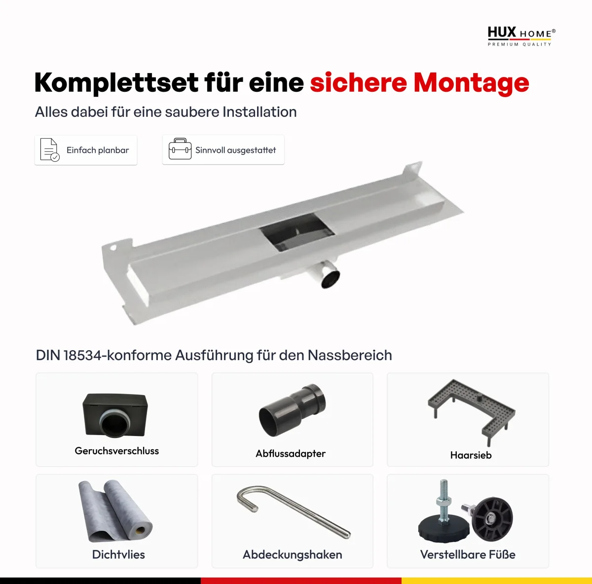 HUX-HOME® PREMIUM K Duschrinne befliesbar 60-80cm aus Edelstahl nach DIN18534 Wandmontage – Bild 7