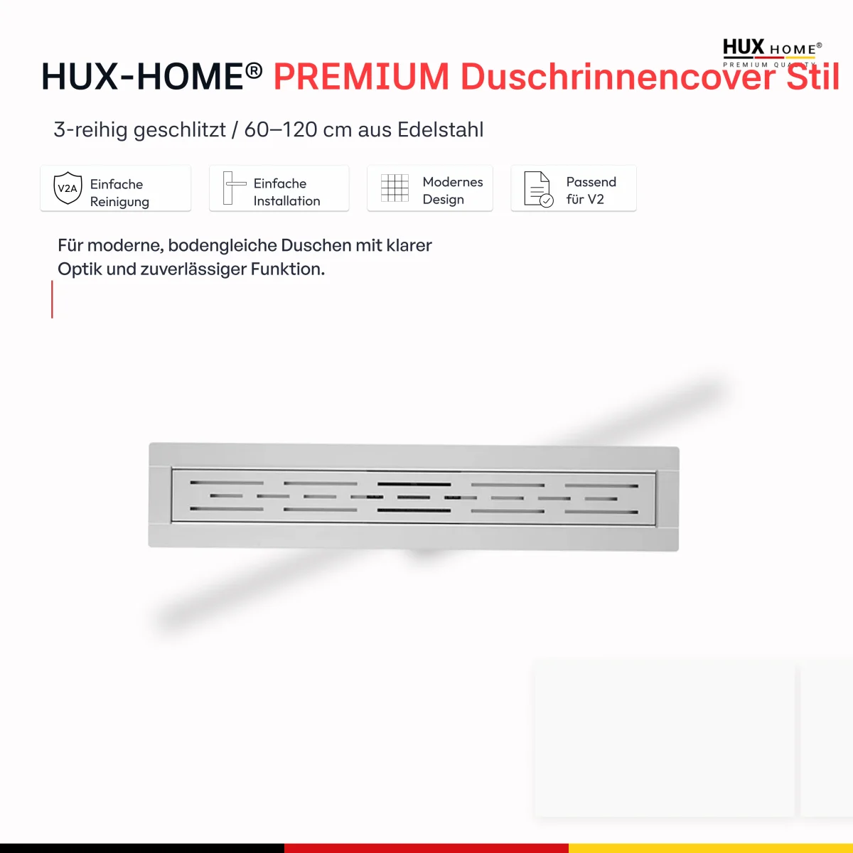 HUX HOME® PREMIUM Duschrinnencover/Abdeckung Stil 3-reihig geschlitzt 60-120 cm aus Edelstahl – Bild 2