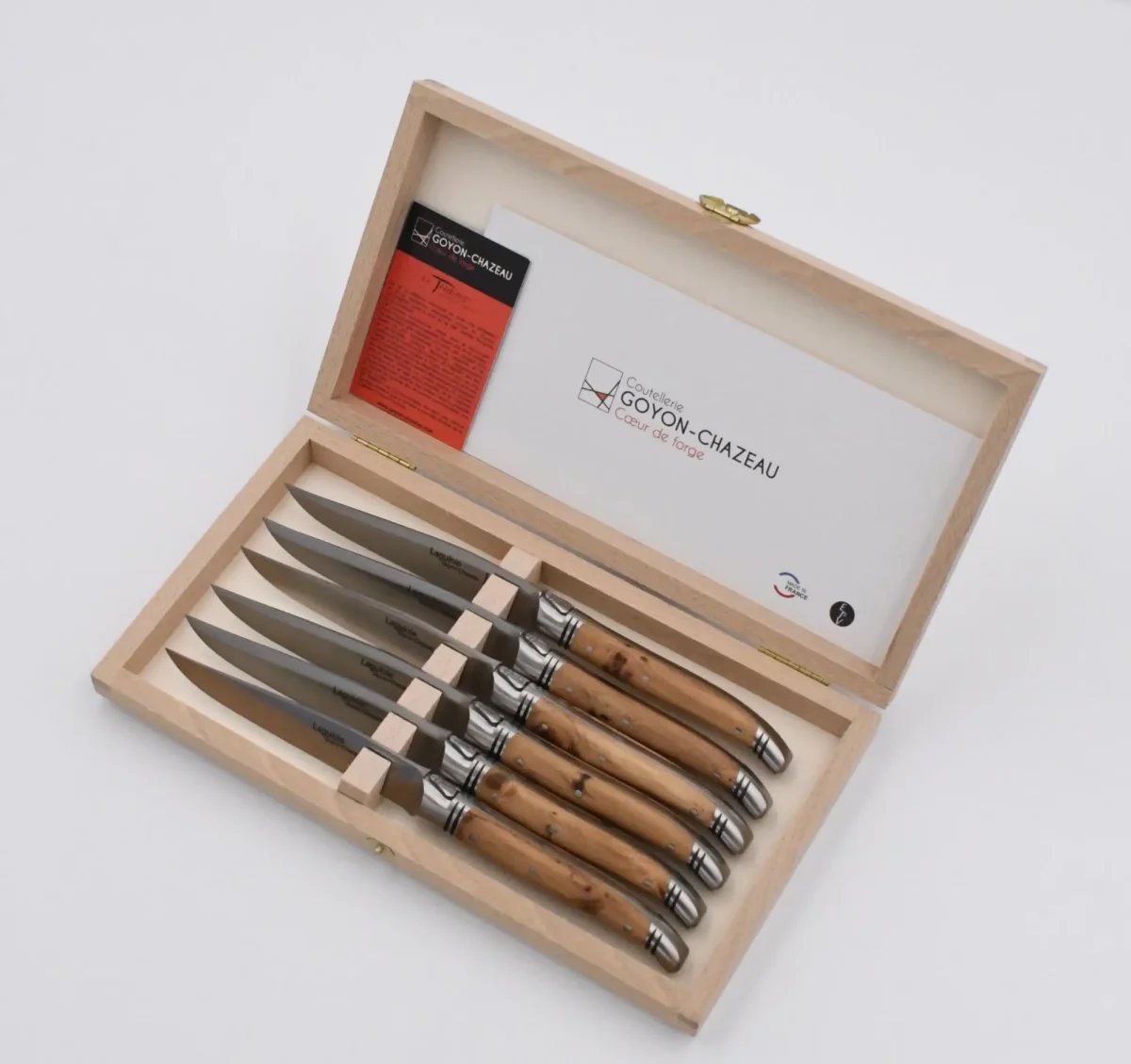 Steakmesser „Laguiole Avantage“, 23 cm. Goyon-Chazeau, Griffe Wacholderholz, 6er-Set in Holzbox – Bild 2