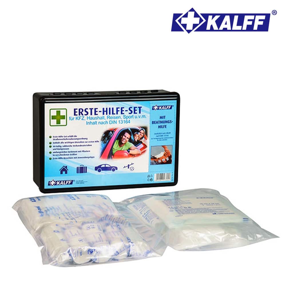 Kalff KFZ-Verbandkasten PLUS – schwarz, 4-Kammer-Innentasche, Inhalt nach DIN 13164 – Bild 2