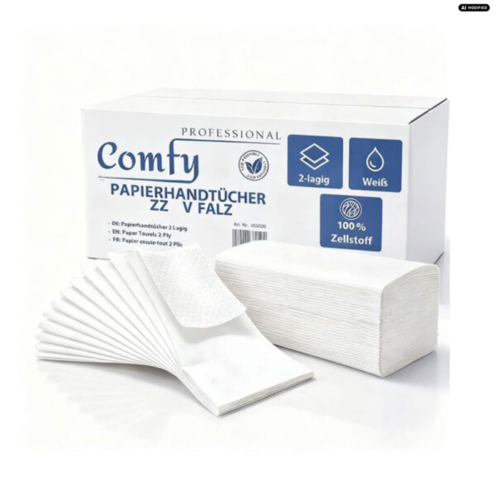 Comfy Papierhandtücher ZZ-/V-Falz 25 × 21 cm Weiß – Palette mit 32 Kartons – Bild 5