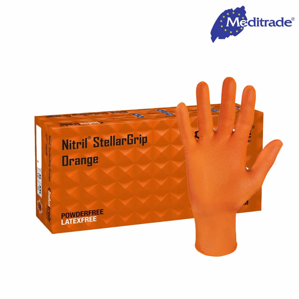 Meditrade Stellar-Grip Nitril Handschuhe – Orange XL, Diamantstruktur 1 Box (50 Stk./Box) – Bild 2